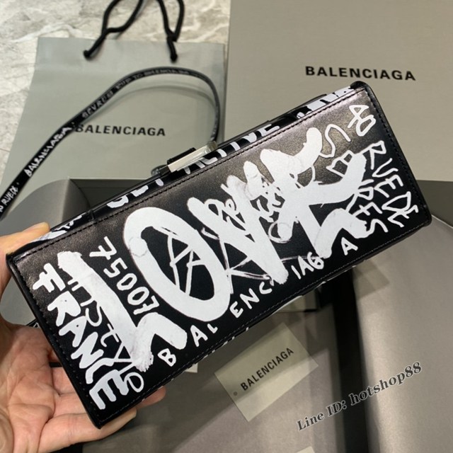 Balenciaga專櫃新款小號手提肩背女包原單沙漏包 巴黎世家黑色平紋塗鴉沙漏包 fyj1399